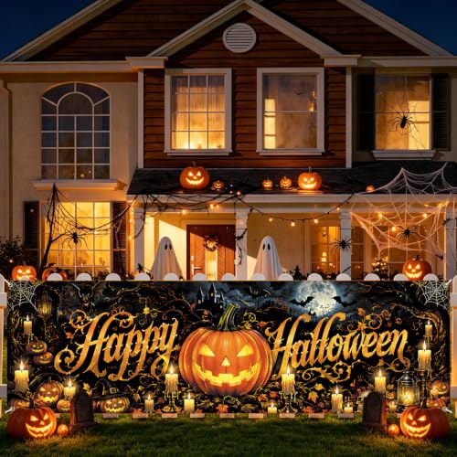 Happy Halloween Fence Banner 118 x 35 Inch, Large Waterproof Outdoor Halloween Banner with Pumpkin, Candles, Bats, Haunted House & Spider Webs for Yard, Porch, Fence, Patio Party Decorations - color: 281-1