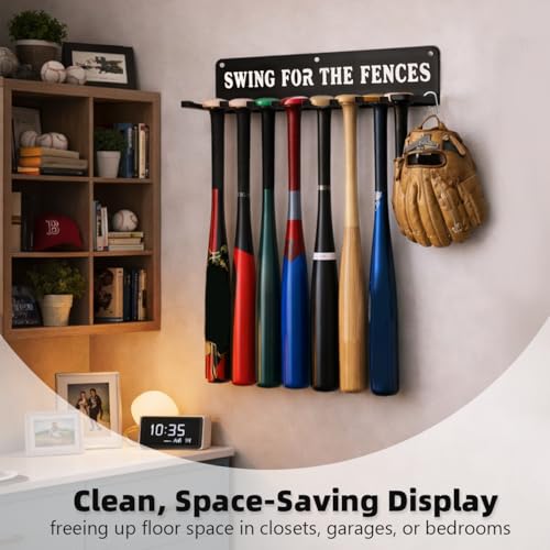 Baseball Softball Bat Holder Storage Rack Organizer Hanger Hook Home Field Hanging Fence Holds 14 Bats Wall Mount Equipment Sports Carabiners Included Metal - style: SWING