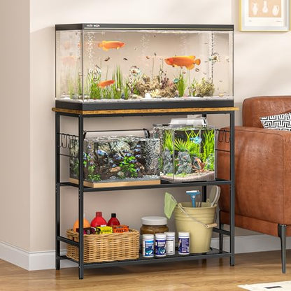 ThreeHio 20 Gallon Fish Tank Stand, 3 Tier Aquarium Stand with Adjustable Shelf, 33.11" L* 15.75" W Tabletop, Heavy Duty Terrarium Stand with Lockable Wheels, Rolling Storage Cart Shelf Rack Organizer for Kitchen, Living Room, Office, Balcony