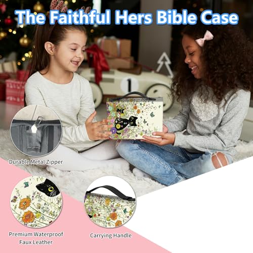 Bible Cover Case for Women, PU Leather Large Bible Cases with Zipper Fits Books Up to 12" x 9" x 2.76”, Bible Carrying Bag for Men, Garden Cat - color: Garden Cat