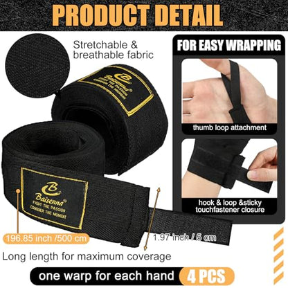 Gemscream 4 Pcs Boxing Hand Wraps 196 Inches/ 5 M Wrist Wrap Protection for Men Women Boxing Muay Thai MMA Kickboxing