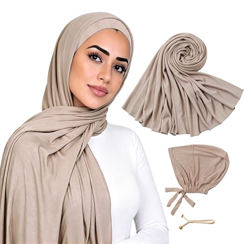 Hijab Scarf for Women, 3PCS Set with Undercap and Hijab Clip Lightweight Modal Muslim Head Wrap Scarf for Daily - color: Sy18-light Khika Hijab+light Khika Undercap
