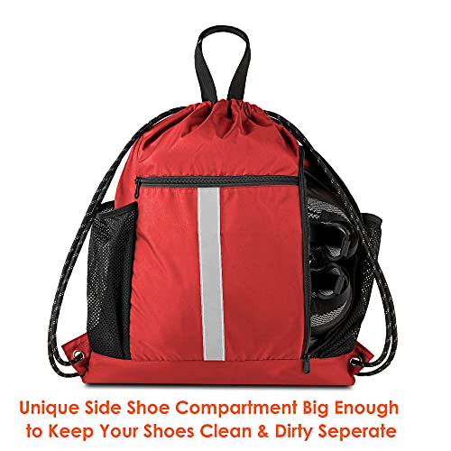 BeeGreen Red Drawstring Backpack Gymsack Bag with Shoe Compartment and Two Side Mesh Pockets Lightweight Durable Sports Cinch Sackpack 1 Pack for Women Men Workout Swim - color: Red, style: Drawstring With Shoe Compartment