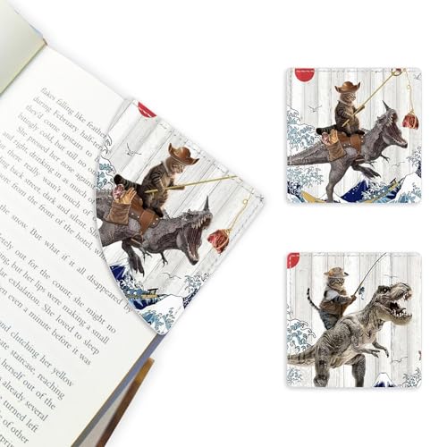 2 Pack Funny Cat and Dinosaur Leather Book Corner Bookmark, Durable Handmade Reading Accessories - Gifts for Readers, Women, Men, Teachers, Students - color: 2pack-funny Cat and Dinosaur