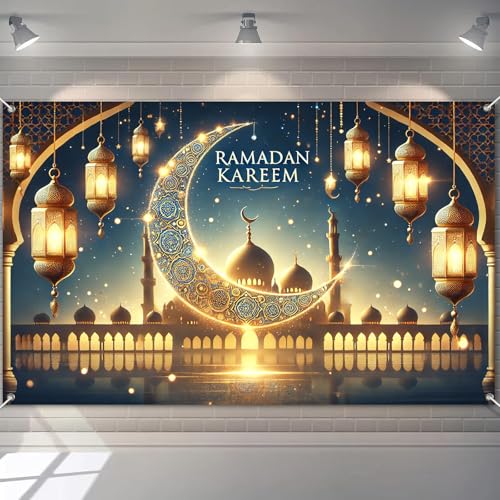 BlissYard Eid Mubarak Backdrop Crescent Moon Mosque Decorations Polyester