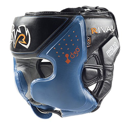 RIVAL Boxing RHG10 Intelli-Shock Headgear, D3O Front and Side Padding, Hook and Loop Back Adjustment with Lace on Top, and Anatomical Rear Head Pad Every Time - color: Black/Blue, size: X-Large