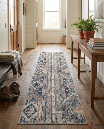 Rugs.com - Oregon Collection Rug – 12 Ft Runner Navy Blue Easy-Clean Rug – Rustic Tribal Decor for Hallways and Entryways - color: Navy Blue, size: 2'2" x 12' (Runner)