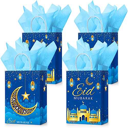 Censen 16 Sets Eid Mubarak Gift Bags with Tissue Paper, Ramadan Goodies Bags for Ramadan Party Supplies Favor (Blue) - color: Blue