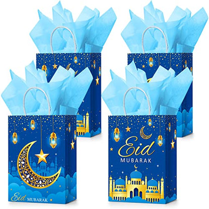 Censen 16 Sets Eid Mubarak Gift Bags with Tissue Paper, Ramadan Goodies Bags for Ramadan Party Supplies Favor (Blue) - color: Blue