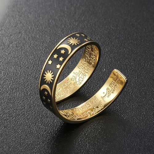 Dreamtimes Islamic Ayatul Kursi Arabic Calligraphy Ring for Men Women Stainless Steel Open Adjustable Band Crescent Moon Ring Star Rings Muslim Religious Jewelry for Eid Mubarak Ramadan - color: Gold