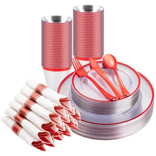 BESTSTAR 175PCS Clear and Red Disposable Plates Set for 25 Guests for Party - color: Red, size: 175 Piece (25 guests)