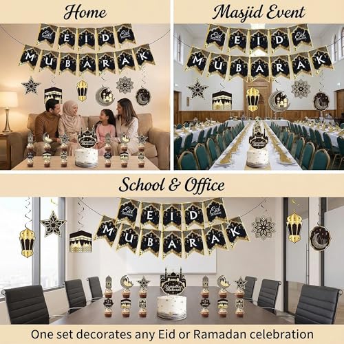 Eid Mubarak Decorations Set - Black and Gold Ramadan Party Supplies including Banner, Balloons for Muslim Islamic Eid Al-Fitr Home Wall Decor (gold) (Black & Gold)