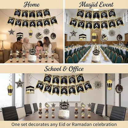 Eid Mubarak Decorations Set - Black and Gold Ramadan Party Supplies including Banner, Balloons for Muslim Islamic Eid Al-Fitr Home Wall Decor (gold) (Black & Gold)