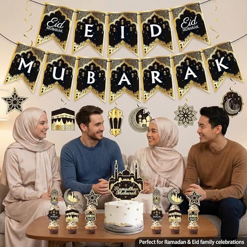 Eid Mubarak Decorations Set - Black and Gold Ramadan Party Supplies including Banner, Balloons for Muslim Islamic Eid Al-Fitr Home Wall Decor (gold) (Black & Gold)
