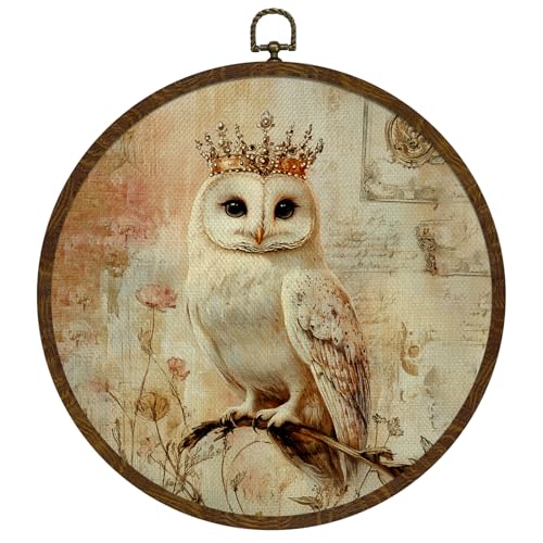 Vintage Crown Owl Wall Art Decor,Retro Bird Mid Century Modern Wall Art Canvas Frame Hanging Prints, Vintage Animal Round Wall Art Decor for Bedroom,Best Gifts for Brithday Christmas 10"x10"(BY0610) - color: BY0610