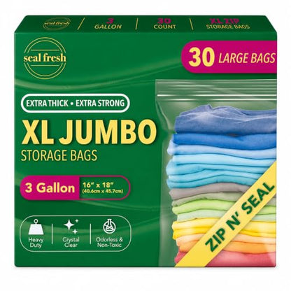 Seal Fresh 3 Gallon Large Plastic Storage Bags – 16" x 18" (30 Count) – Reusable XXL Extra Large Clear Jumbo Zip Bags with Sealable Zipper Top For Clothes, Travel, Moving - size: 3 Gallon - 30 Pack