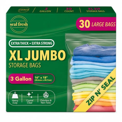 Seal Fresh 3 Gallon Large Plastic Storage Bags – 16" x 18" (30 Count) – Reusable XXL Extra Large Clear Jumbo Zip Bags with Sealable Zipper Top For Clothes, Travel, Moving - size: 3 Gallon - 30 Pack