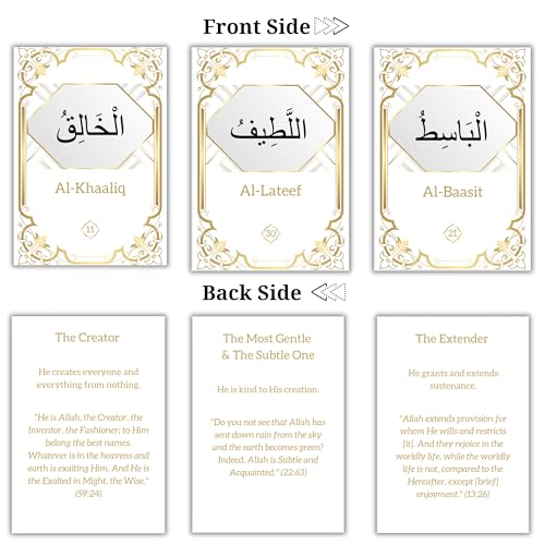 99 Names of Allah Flashcards with Quran Verses, Asma Ul Husna in Arabic and English, Islamic Book Learning and Memory Card Game, Eid & Ramadan Decorations, Muslim Prayer, Deen Supplies, White & Gold