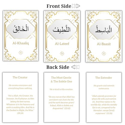 99 Names of Allah Flashcards with Quran Verses, Asma Ul Husna in Arabic and English, Islamic Book Learning and Memory Card Game, Eid & Ramadan Decorations, Muslim Prayer, Deen Supplies, White & Gold