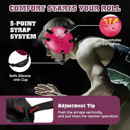 Halloscume Kids Wrestling Headgear with Adjustable Ear Guard Straps MMA Jiu Jitsu Grappling Protective Headgear for Youth Adults Men Women Comfortable Training & Tournament - color: Pink/Black