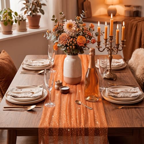 1pc Fall/Halloween Table Runner 10 ft Orange Metallic Foil Sheer - color: Orange