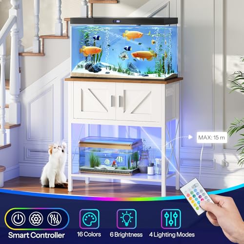 HOOBRO 20 Gallon Fish Tank Stand with Power Outlets and LED Light, Metal Frame Aquarium Stand, Reptile, Turtle Tank Stand with Cabinet Storage, 300 LBS Capacity, White and Walnut WH40UDFT01 - color: White + Walnut