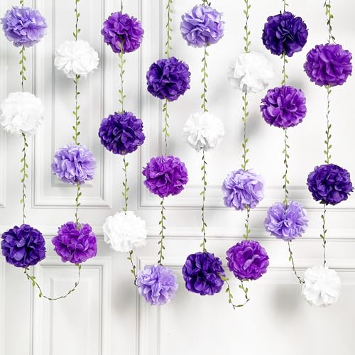 Ombre Purple White Party Decorations Lavender White Tissue Paper Flowers Pom Pom with Leaf Ribbon Hanging Garland Streamer for Birthday Bachelorette Wedding Lilac Violet Party Supplies - color: Purple