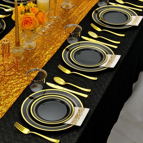 350pcs Black and Gold Dinnerware Set for 50 Guests, Black Plastic Plates with Gold Rim for Party -50 Dinne/Dessert Plates, 150 Silverware Set,50 Napkins and Cups - color: Black, size: 50 Guests