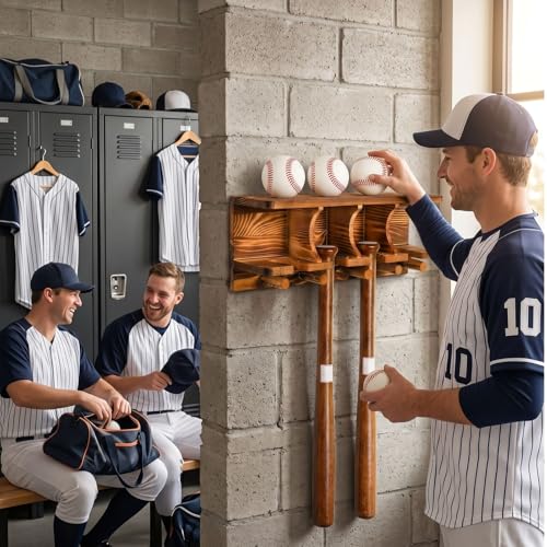 Tebery Wood Baseball Bat Holder and Ball Display Shelf Wall Mounted, Sports Memorabilia and Collectibles Floating Shelf Hanging Organizer Bat Rack