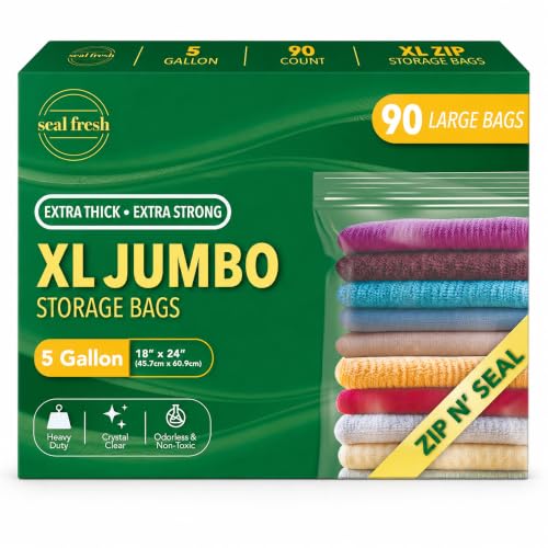 Seal Fresh 5 Gallon Large Plastic Storage Bags – 18" x 24" (90 Count) – Reusable XXL Extra Large Clear Jumbo Zip Bags with Sealable Zipper Top For Clothes, Travel, Moving - size: 5 Gallon - 90 Pack