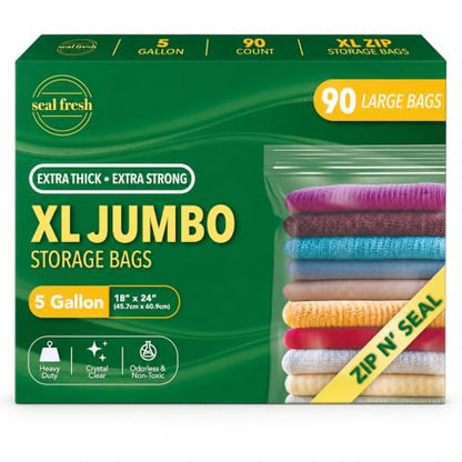Seal Fresh 5 Gallon Large Plastic Storage Bags – 18" x 24" (90 Count) – Reusable XXL Extra Large Clear Jumbo Zip Bags with Sealable Zipper Top For Clothes, Travel, Moving - size: 5 Gallon - 90 Pack