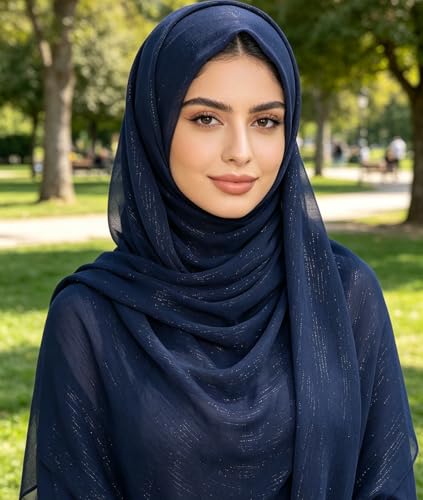 Women Hijab Chiffon Head Scarf Lightweight Shimmer Scarves Crepe Wedding Shawls and Wraps for Evening Dresses Shiny - color: Navy