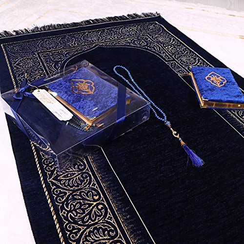 IEF Personalized Prayer Rug Quran Prayer Beads Islamic Gift Set, Ramadan Eid Wedding Birthday Mother's Day Father's Day Anniversary Day Gifts - color: Navy Blue