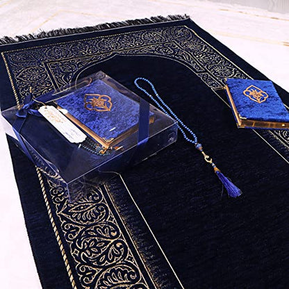 IEF Personalized Prayer Rug Quran Prayer Beads Islamic Gift Set, Ramadan Eid Wedding Birthday Mother's Day Father's Day Anniversary Day Gifts - color: Navy Blue