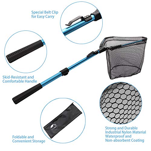 YVLEEN Folding Fishing Net - Foldable Fish Landing Net Robust Aluminum Telescopic Pole Handle and Nylon Mesh 16inch Hoop Size - color: E:16"/40cm(Telescopic Handle) Blue