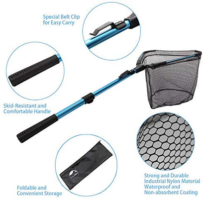YVLEEN Folding Fishing Net - Foldable Fish Landing Net Robust Aluminum Telescopic Pole Handle and Nylon Mesh 16inch Hoop Size - color: E:16"/40cm(Telescopic Handle) Blue
