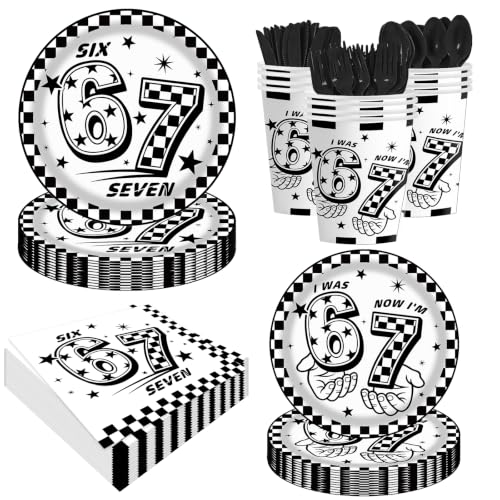 170Pcs 6 7 Birthday Party Decorations, Black White Checkered Themed Disposable Table Cover, and I Was 6 Now I'm 7 Seven Birthday Theme Party Tableware Set For 24 Guests - size: 67-168pcs