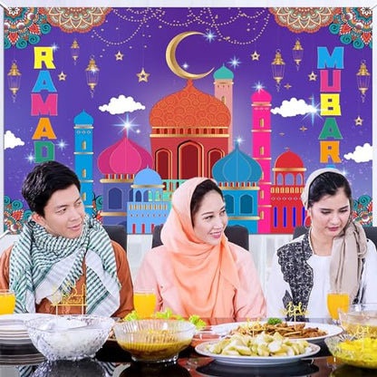 HOWAF Ramadan Mubarak Backdrop Banner, Eid Mubarak Party Decoration Background Banner for Eid Holiday Party Supplies, Purple Ramadan Kareem Supplies Hanging Banner Poster for Photo