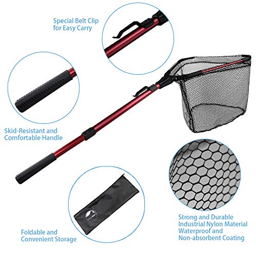 YVLEEN Folding Fishing Net - Foldable Fish Landing Net Robust Aluminum Telescopic Pole Handle and Nylon Mesh 16inch Hoop Size - color: D:16”/40cm Hoop Size (Telescopic Handle) Red