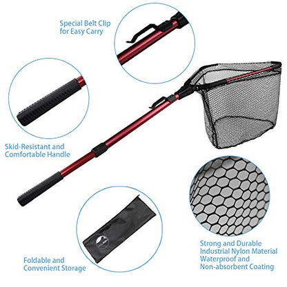 YVLEEN Folding Fishing Net - Foldable Fish Landing Net Robust Aluminum Telescopic Pole Handle and Nylon Mesh 16inch Hoop Size - color: D:16”/40cm Hoop Size (Telescopic Handle) Red