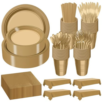 484 Pcs Plastic Dinnerware Set Includes 60 Of Each 9" Dinner Plates |7" Dessert Plates|12 oz Plastic Cups | Napkins|Straws|Spoons, Forks & Knives (Gold, 60 Guests)