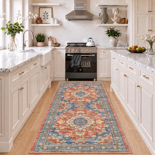 2x6 Boho Washable Runner Area Rugs, Non Slip Foldable Carpets, Retro Red - color: Retro Red, size: 2' x 6' (Rectangular)