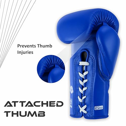 Aura 100 Full Grain Leather Lace Up Boxing Gloves for Men & Women – Professional Training, Sparring, Competition, Muay Thai, Kickboxing & Heavy Bag Gloves - color: Blue, size: 14 OZ