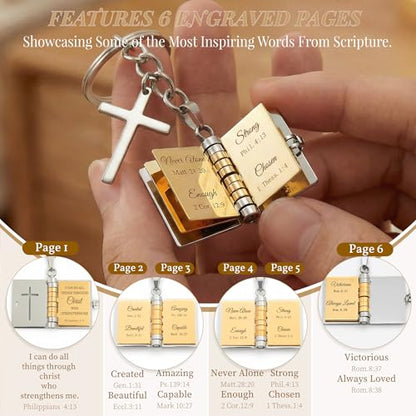 Bible Verse Keychain, Openable Scripture Book Keyring with Cross Charm, Christian Gifts for Women Men, Religious Faith Jewelry, Inspirational Graduation Baptism Birthday Gift (Silver & Gold)
