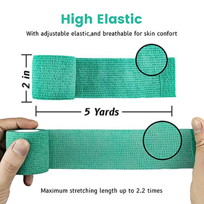 FRESINIDER 9 Rolls Self Adhesive Wrap Athletic Tape Gauze, Breathable Elastic Cohesive Bandage for Sports Injury & Pet (7 Pcs 2" x 5 Yards + 2 Pcs 1" X 5 Yards) (Green) - color: Green