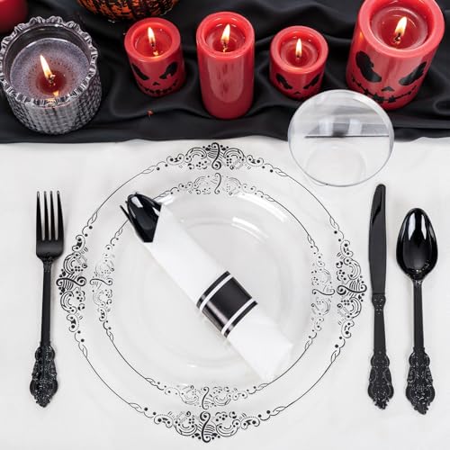 Hioasis 175pcs Clear and Black Plates - Black Party Plates for 25 Guest, Include 50 Heavy-duty Plates(20% Thicker Than Standard), 25 Pre Rolled Gold Plastic Silverware Set, 25 Cups - color: Clear and Black