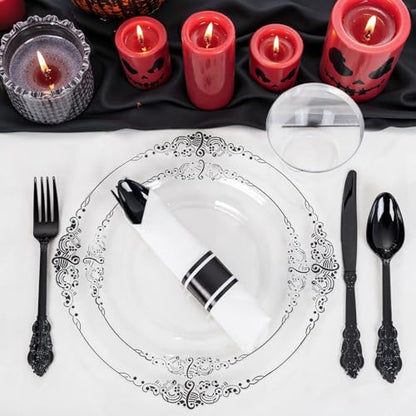 Hioasis 175pcs Clear and Black Plates - Black Party Plates for 25 Guest, Include 50 Heavy-duty Plates(20% Thicker Than Standard), 25 Pre Rolled Gold Plastic Silverware Set, 25 Cups - color: Clear and Black