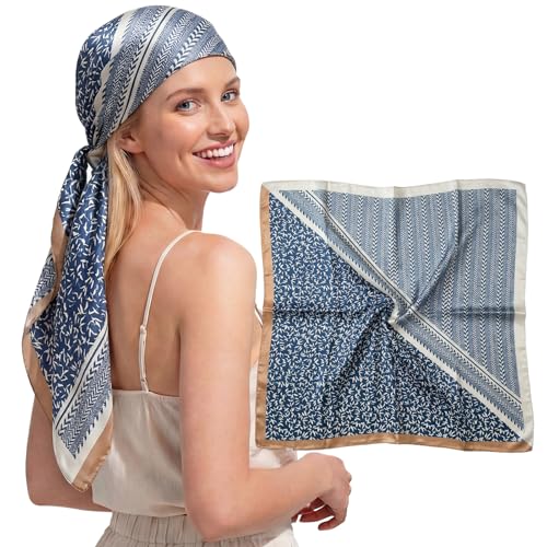 RIIQIICHY Head Scarf for Women Like Silk Satin Scarf for Hair Wrapping at Night Bandana Square Scarf for Sleeping 35 Inch - color: Dusty Blue Stripe