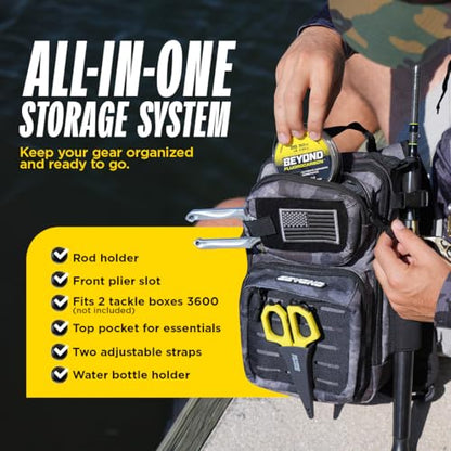 Beyond Fishing Tackle Backpack- The Voyager Tactical Fishing Storage Bag - Lightweight & Compact Bag For Fishing - color: Black Onyx