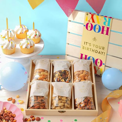 Happy Birthday Food Gift Basket, Healthy Nut Gift Tray, Birthday Snack Treat in Reusable Wooden Crate, Gourmet Assorted Food Delivery, Birthday Snack Box, For Men, Women and Families, Bonnie & Pop - style: Birthday